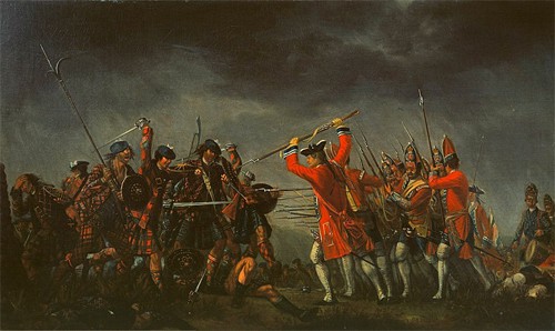An incident in the rebellion of 1745. The eight featured highlanders in the painting wear over twenty different tartans
